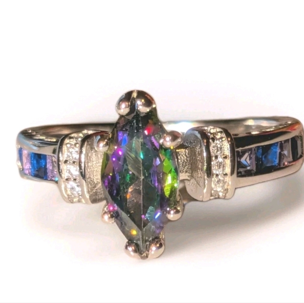 925 Sterling Silver Rainbow Fire Mystical Topaz + Amethyst Wedding Ring Sz 6